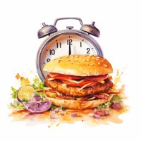A hamburger with a clock in the background